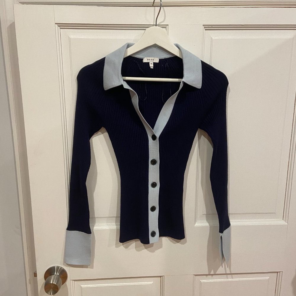 Reiss Alicia Rib-Knitted Cardigan in Blue - Size XS
